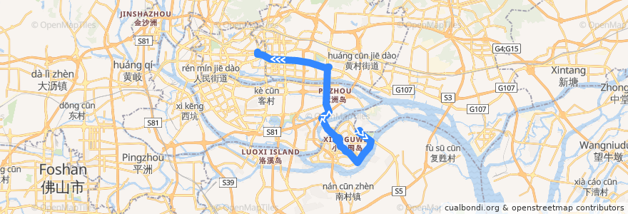 Mapa del recorrido 节假日公交专线5路[长洲岛(辛亥革命纪念馆)总站-动物园南门总站] de la línea  en Cantão.