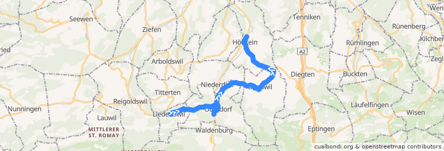 Mapa del recorrido Bus 92: Liedertswil, Dorf => Hölstein, Bahnhof de la línea  en Bezirk Waldenburg.