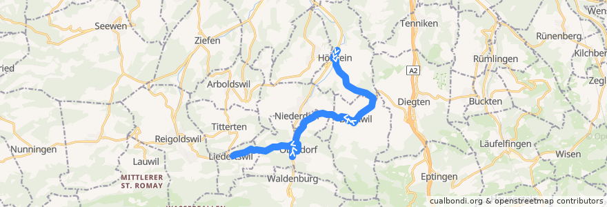 Mapa del recorrido Bus 92: Hölstein, Bahnhof => Liedertswil, Dorf de la línea  en Bezirk Waldenburg.