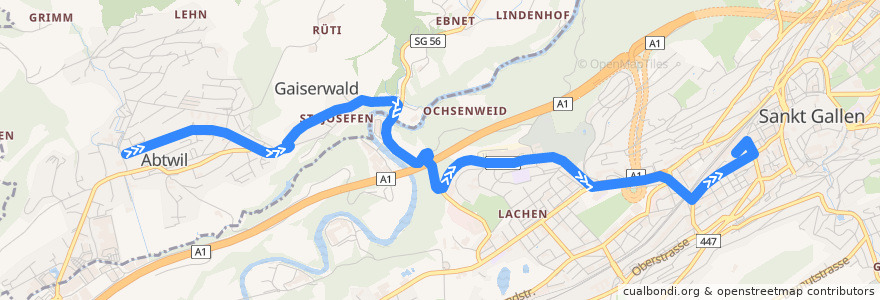 Mapa del recorrido Bus 12: Abtwil SG, Zentrumpark => St. Gallen, Bahnhof de la línea  en St. Gallen.