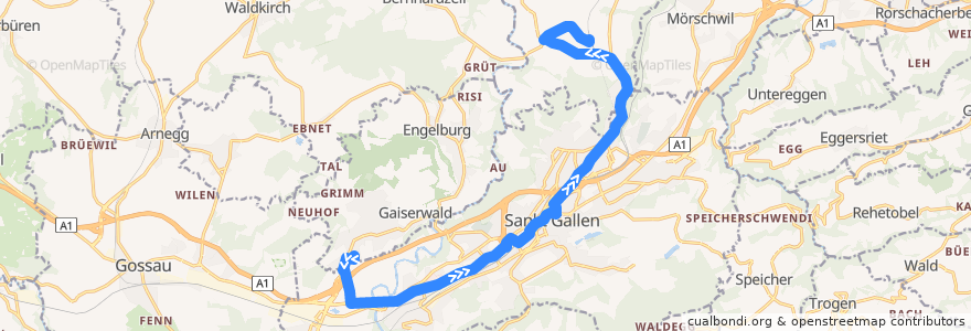 Mapa del recorrido Bus 4: Abtwil SG, Säntispark => Wittenbach, Bahnhof de la línea  en St. Gallen.