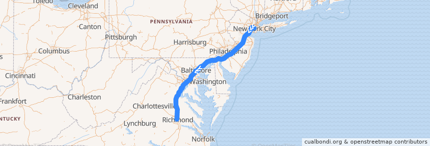 Mapa del recorrido Flixbus 2601: New York City => Richmond de la línea  en 美利坚合众国/美利堅合眾國.