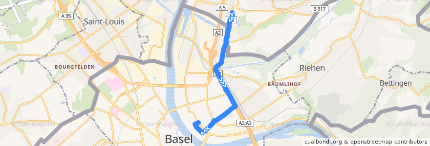 Mapa del recorrido Bus 55: Haltingen Bahnhof => Basel Claraplatz de la línea  en Basel.