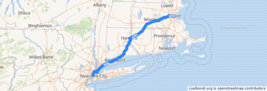 Mapa del recorrido Flixbus 2610: Boston => New York City de la línea  en الولايات المتّحدة الأمريكيّة.