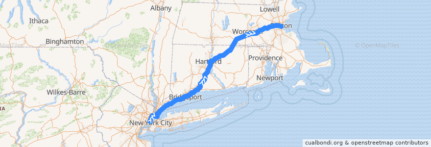 Mapa del recorrido Flixbus 2610: New York City => Boston de la línea  en الولايات المتّحدة الأمريكيّة.