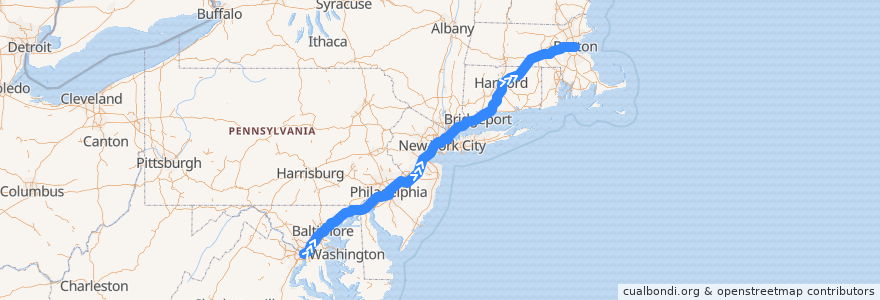 Mapa del recorrido Flixbus N2610: Washington, D.C. => Boston de la línea  en Vereinigte Staaten von Amerika.