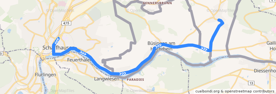 Mapa del recorrido Bus 25: Schaffhausen, Bahnhof => Dörflingen, Kirche de la línea  en Швейцария.