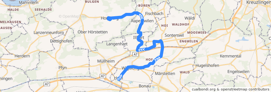 Mapa del recorrido Bus 832: Müllheim-Wigoltingen, Bahnhof => Homburg, Dorf de la línea  en Thurgau.