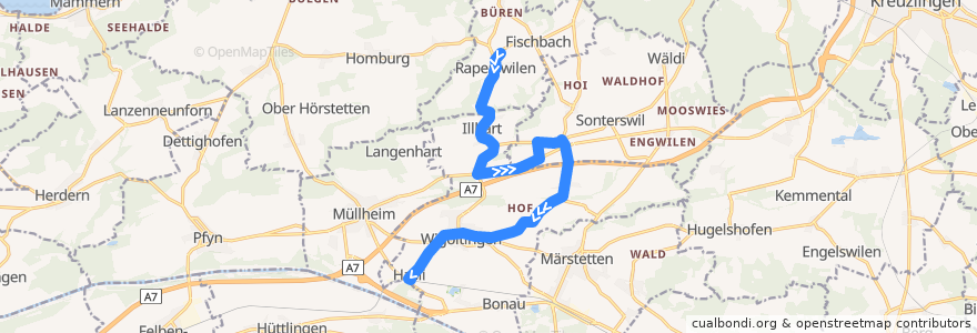 Mapa del recorrido Bus 832: Raperswilen, Schulhaus => Müllheim-Wigoltingen, Bahnhof de la línea  en Turgovia.