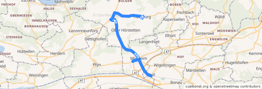 Mapa del recorrido Bus 831: Homburg, Dorf => Müllheim-Wigoltingen, Bahnhof de la línea  en Bezirk Frauenfeld.