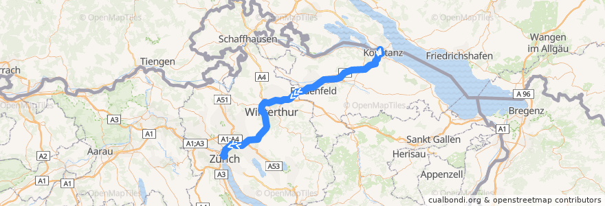 Mapa del recorrido Flixbus 124: Stuttgart Airport Busterminal (SAB) => Zürich HB (Carpark Sihlquai) de la línea  en Schweiz/Suisse/Svizzera/Svizra.