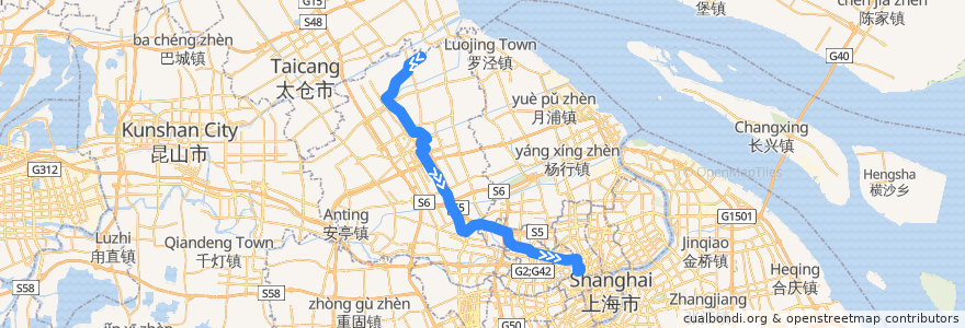 Mapa del recorrido 沪唐专线 方向唐行毛家桥 de la línea  en Jiading District.