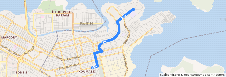 Mapa del recorrido woro woro : Koumassi grand marché → Terminus 05 de la línea  en Koumassi.