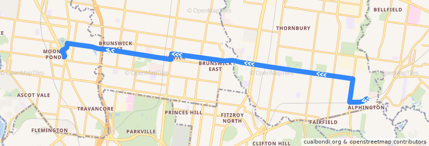 Mapa del recorrido Bus 508: Alphington => Moonee Ponds Interchange de la línea  en Melbourne.