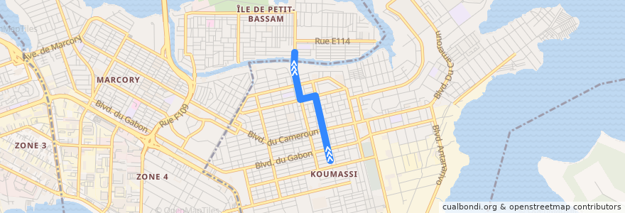 Mapa del recorrido woro woro : Koumassi grand marché → Sans fil de la línea  en Abidjan.