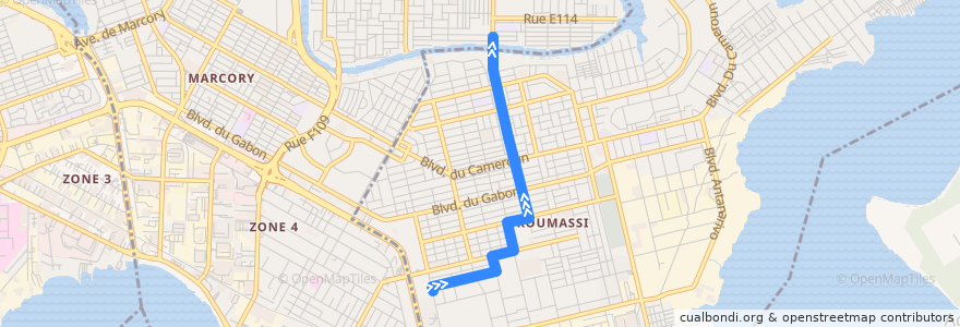 Mapa del recorrido woro woro : Koumassi Hôpital général → Sans fil de la línea  en Abidjan.