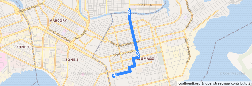 Mapa del recorrido woro woro : Sans fil → Koumassi Hôpital général de la línea  en Abidjan.