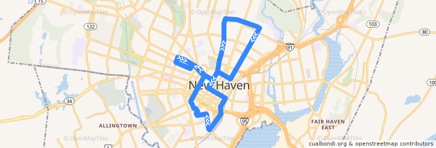 Mapa del recorrido Blue Line (Weekend) de la línea  en New Haven.