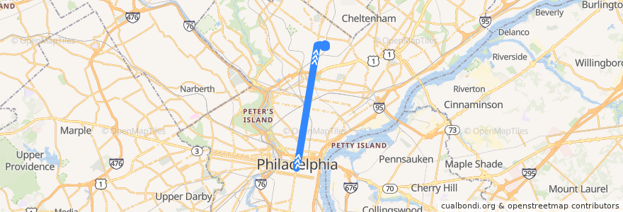 Mapa del recorrido SEPTA Broad Street Line Express: Walnut-Locust => Fern Rock de la línea  en Philadelphia County.