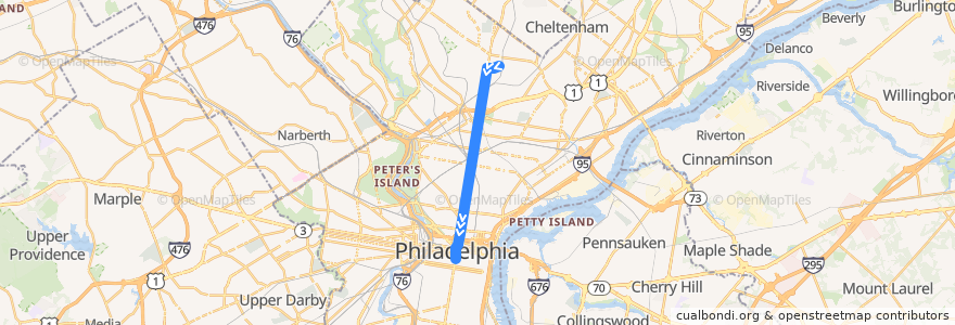 Mapa del recorrido SEPTA Broad Street Line Express: Fern Rock => Walnut-Locust de la línea  en Philadelphia County.