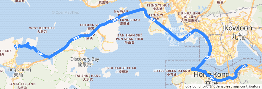 Mapa del recorrido 城巴機場快線A11線 Cityflyer A11 (機場 Airport → 北角碼頭 North Point Ferry Pier) de la línea  en Hong Kong.