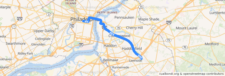 Mapa del recorrido PATCO Speedline (morning rush local): Woodcrest => 15th-16th & Locust de la línea  en Camden County.