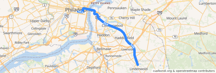 Mapa del recorrido PATCO Speedline (late nights): 15th-16th & Locust => Lindenwold de la línea  en Camden County.