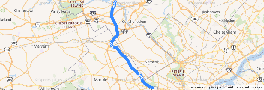 Mapa del recorrido SEPTA Norristown High Speed Line Limited: Norristown => 69th Street de la línea  en Pensilvania.