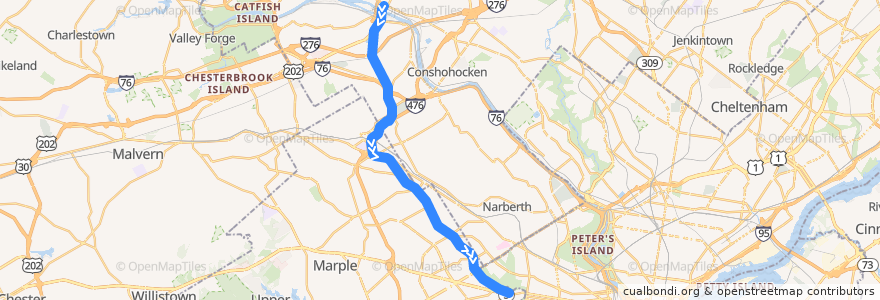 Mapa del recorrido SEPTA Norristown High Speed Line Limited: Norristown => 69th Street de la línea  en 宾夕法尼亚 / 賓夕法尼亞州.