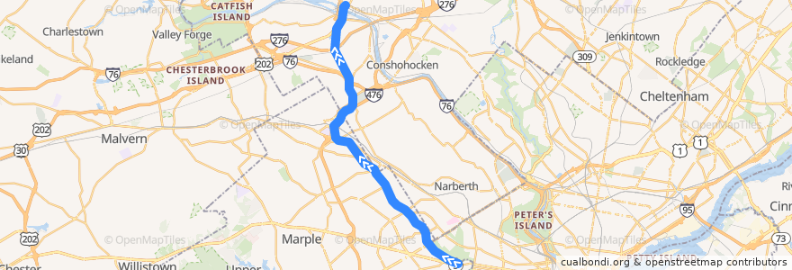Mapa del recorrido SEPTA Norristown High Speed Line Express: 69th Street => Norristown de la línea  en ペンシルベニア州.