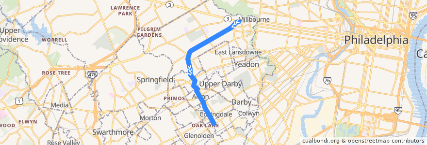 Mapa del recorrido SEPTA 102: 69th Street => Sharon Hill de la línea  en Delaware County.