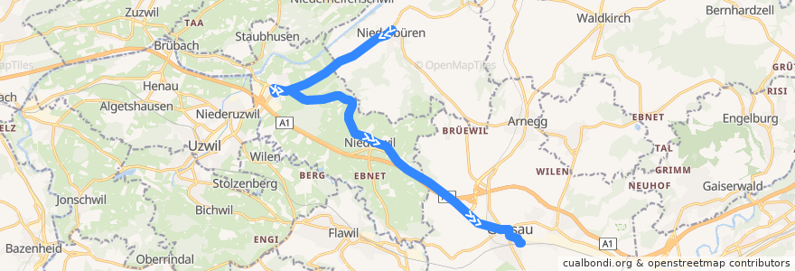 Mapa del recorrido Bus 727: Niederbüren, Dorf => Gossau SG, Bahnhof de la línea  en Saint-Gall.