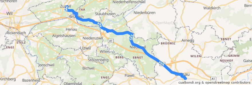 Mapa del recorrido Bus 727: Zuzwil SG, Industrie => Gossau SG, Bahnhof de la línea  en St. Gallen.