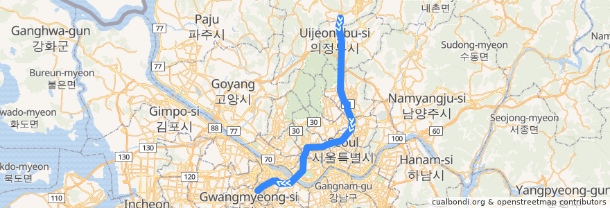 Mapa del recorrido 수도권 전철 1호선 경인·경원 계통: 양주 → 구로 de la línea  en Seúl.