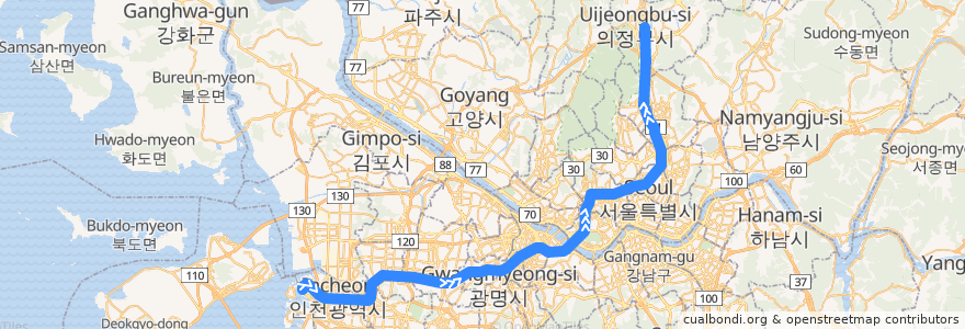 Mapa del recorrido 수도권 전철 1호선 경인·경원 계통: 인천 → 의정부 de la línea  en 대한민국.