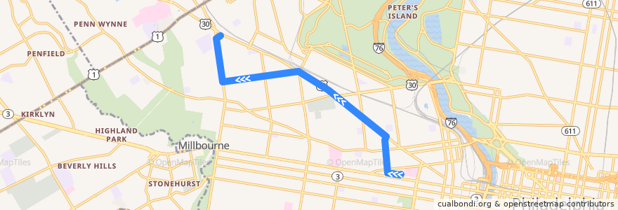 Mapa del recorrido SEPTA 10 (diverted): 40th & Market → Malvern Loop de la línea  en Philadelphia County.