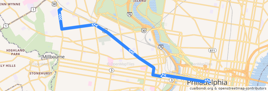 Mapa del recorrido SEPTA 10: Center City → Malvern Loop de la línea  en Philadelphia County.