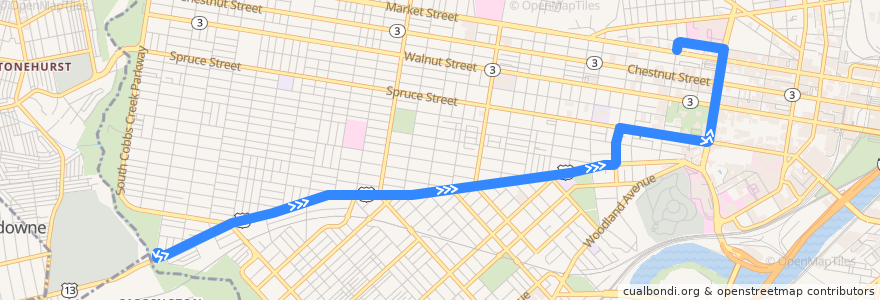Mapa del recorrido SEPTA 34 (diverted): Angora Loop → 40th & Market de la línea  en Philadelphia.