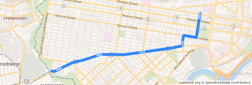 Mapa del recorrido SEPTA 34 (diverted): 40th & Market → Angora Loop de la línea  en Филадельфия.