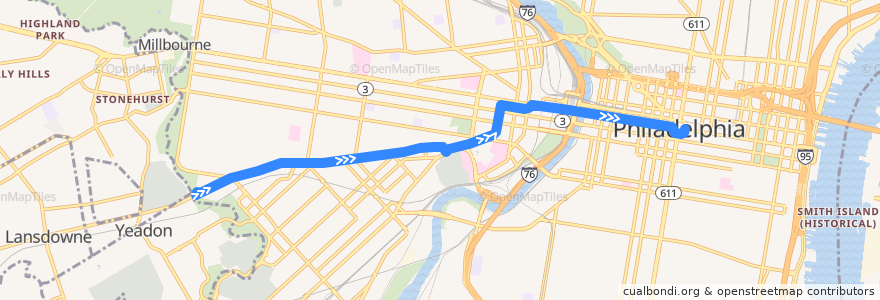 Mapa del recorrido SEPTA 34: Angora Loop → Center City de la línea  en 費城.