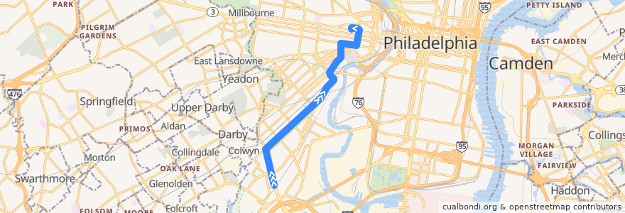 Mapa del recorrido SEPTA 36 (diverted): Eastwick Loop → 40th & Market de la línea  en Philadelphia County.