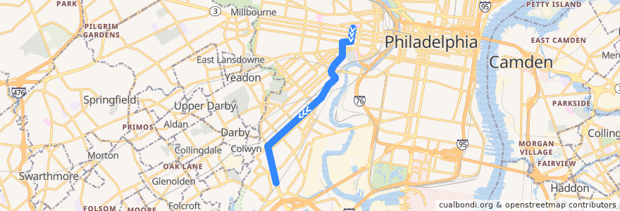 Mapa del recorrido SEPTA 36 (diverted): 40th & Market → Eastwick Loop de la línea  en Philadelphia County.