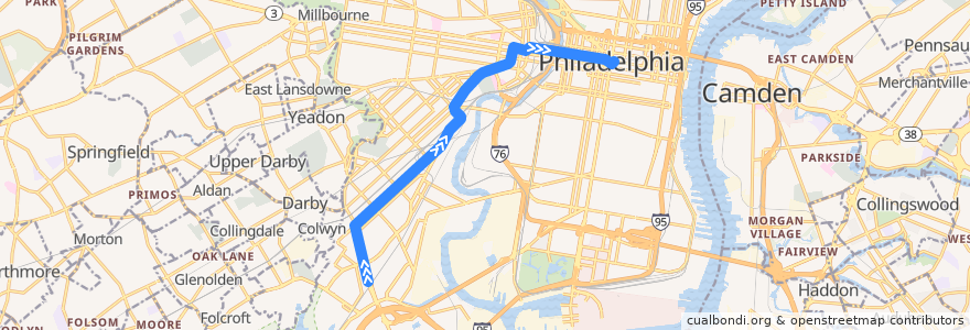 Mapa del recorrido SEPTA 36: Eastwick Loop → Center City de la línea  en Philadelphia County.