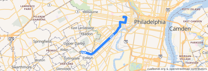 Mapa del recorrido SEPTA 11 (diverted): Darby → 40th & Market de la línea  en Philadelphia County.