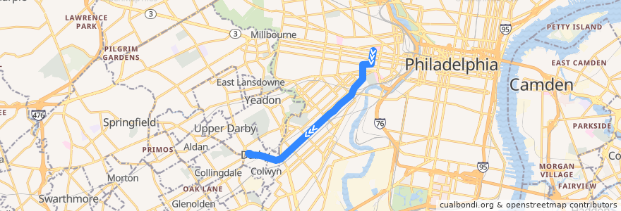 Mapa del recorrido SEPTA 11 (diverted): 40th & Market → Darby de la línea  en Pensilvânia.