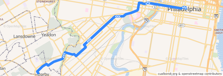 Mapa del recorrido SEPTA 13: Center City → Darby de la línea  en 펜실베이니아.