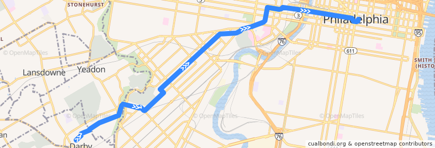 Mapa del recorrido SEPTA 13: Darby → Center City de la línea  en ペンシルベニア州.