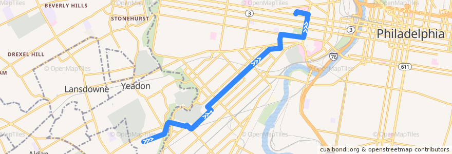 Mapa del recorrido SEPTA 13 (diverted): Yeadon Loop → 40th & Market de la línea  en Philadelphia County.