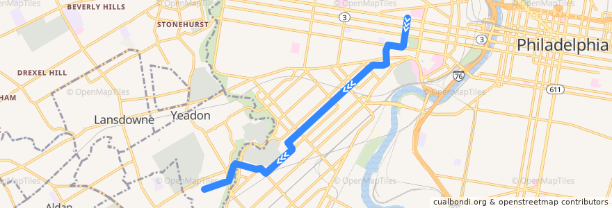 Mapa del recorrido SEPTA 13 (diverted): 40th & Market → Yeadon Loop de la línea  en ペンシルベニア州.