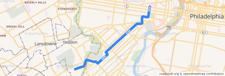 Mapa del recorrido SEPTA 13 (diverted): 40th & Market → Yeadon Loop de la línea  en Pennsylvania.